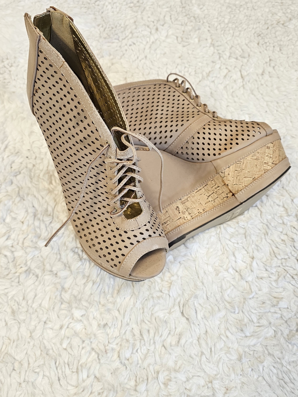 Peep-Toe Lace-Up Wedge Booties in Light Beige